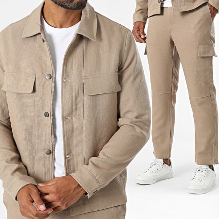 Frilivin - Conjunto de chaqueta con cremallera y pantalón cargo camel