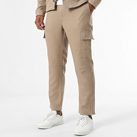 Frilivin - Conjunto de chaqueta con cremallera y pantalón cargo camel