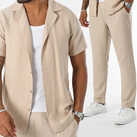 Frilivin - Set camicia a maniche corte e pantaloni da jogging beige