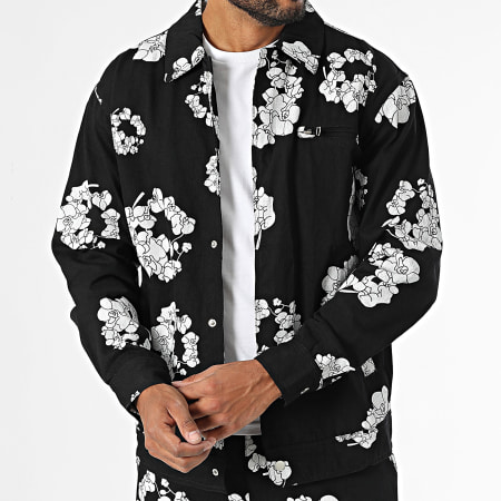 Frilivin - Conjunto de camisa y pantalón de manga larga con estampado floral en blanco y negro