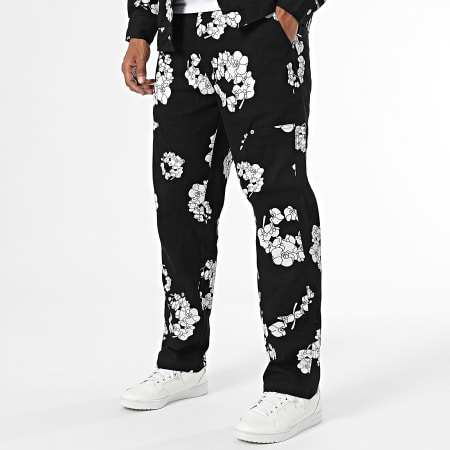 Frilivin - Conjunto de camisa y pantalón de manga larga con estampado floral en blanco y negro