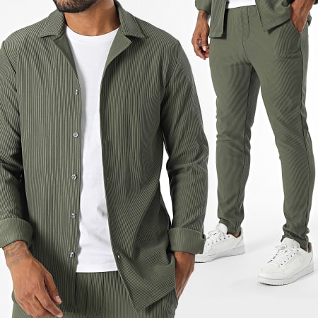 Frilivin - Conjunto de camisa de manga larga y pantalón verde caqui