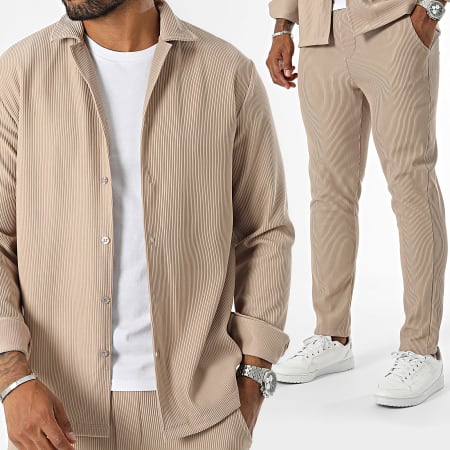 Frilivin - Conjunto de camisa de manga larga y pantalón beige