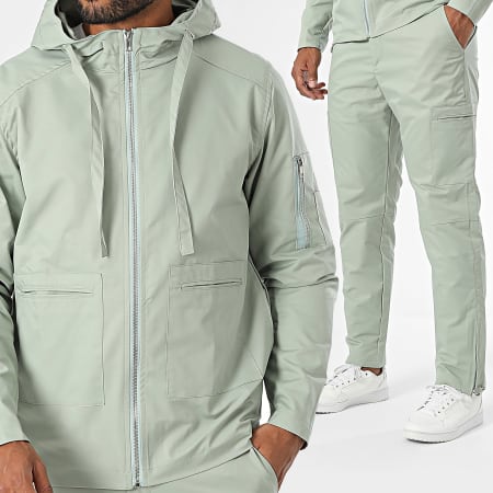 Frilivin - Conjunto de chaqueta con capucha y cremallera y pantalón cargo verde