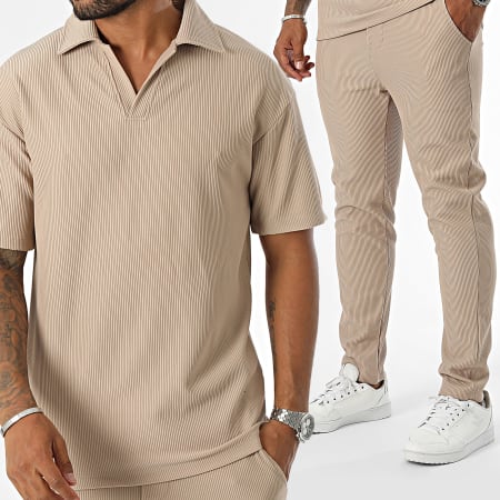 Frilivin - Conjunto de camiseta con cuello de pico y pantalón de chándal beige