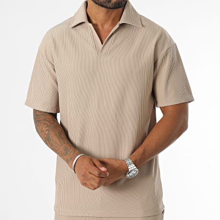 Frilivin - Conjunto de camiseta con cuello de pico y pantalón de chándal beige