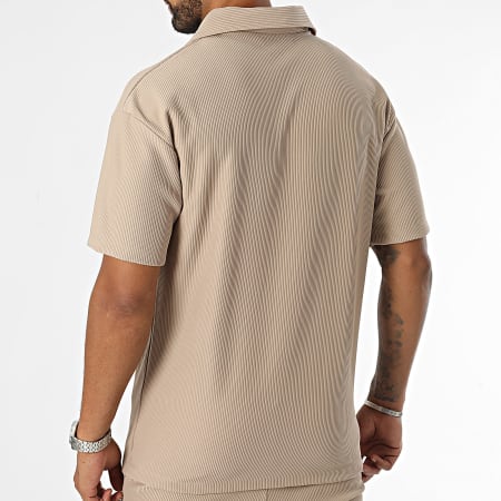 Frilivin - Conjunto de camiseta con cuello de pico y pantalón de chándal beige