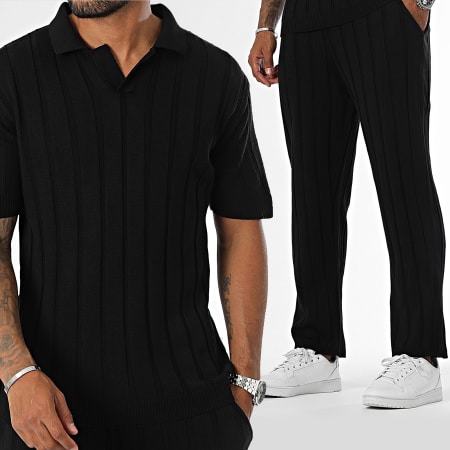 Ikao - Conjunto de camiseta y pantalón negro con cuello de pico