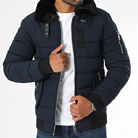 Kymaxx - Chaqueta acolchada con cuello de piel azul marino