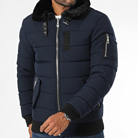 Kymaxx - Chaqueta acolchada con cuello de piel azul marino