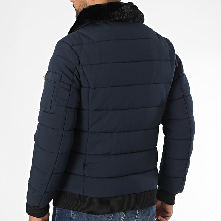 Kymaxx - Chaqueta acolchada con cuello de piel azul marino