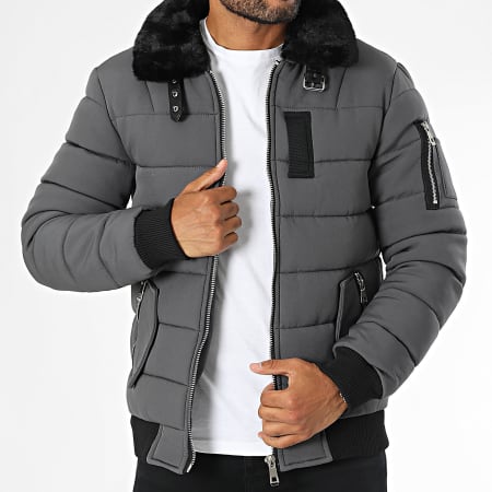 Kymaxx - Chaqueta acolchada con cuello de piel gris marengo