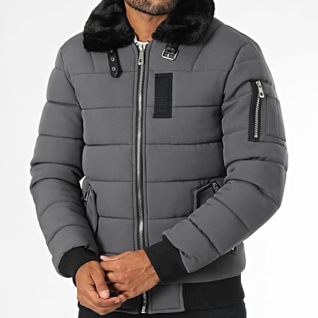 Kymaxx - Chaqueta acolchada con cuello de piel gris marengo