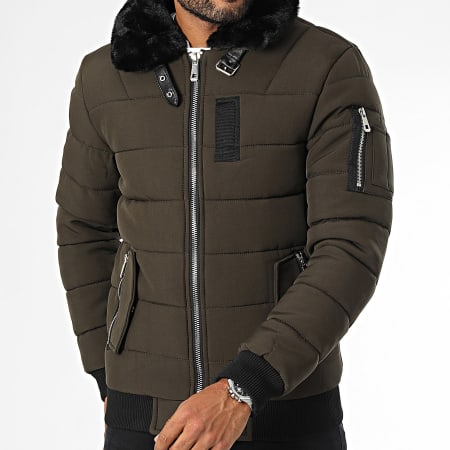 Kymaxx - Chaqueta acolchada con cuello de piel verde caqui oscuro