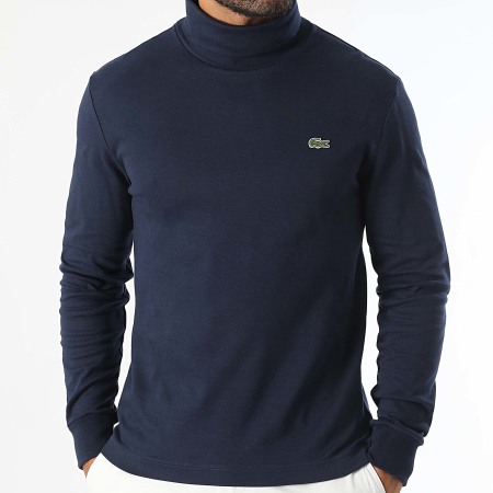 Pull Col Roule Logo Brode Crocodile Bleu Marine