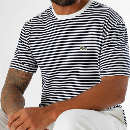 Tee Shirt A Rayures Logo Brode Crocodile Classic Fit Blanc Bleu Marine
