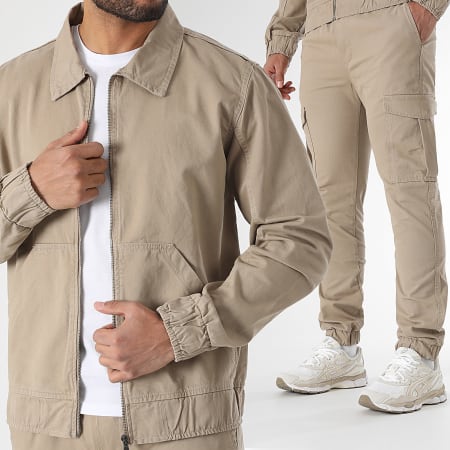 LBO - 3609 Conjunto de chaqueta con cremallera y pantalón cargo beige