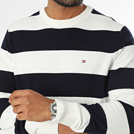 Tommy Hilfiger - Maglione a righe blu navy bianco in cotone organico cashmere Pima 8046