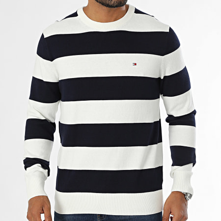 Tommy Hilfiger - Maglione a righe blu navy bianco in cotone organico cashmere Pima 8046