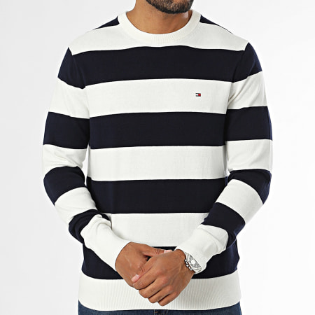 Tommy Hilfiger - Maglione a righe blu navy bianco in cotone organico cashmere Pima 8046