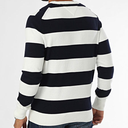 Tommy Hilfiger - Maglione a righe blu navy bianco in cotone organico cashmere Pima 8046