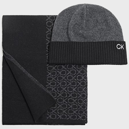 Calvin Klein - Monogram Beanie 2390 Zwart Houtskool Grijs Sjaal en Beanie Set