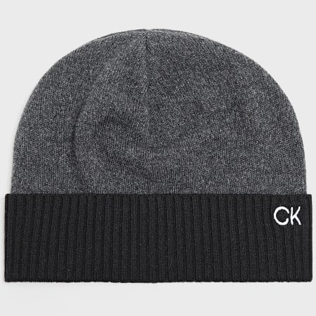 Calvin Klein - Lot Echarpe Et Bonnet Monogram Beanie 2390 Noir Gris Anthracite Chiné