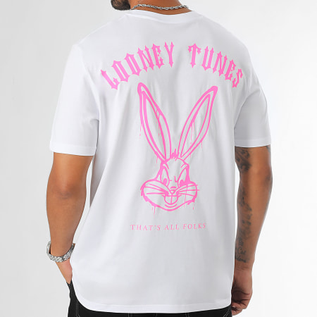 Looney Tunes - Tee Shirt Oversize Large Bugs Bunny Worldwide Backspray Bianco Rosa Fluo