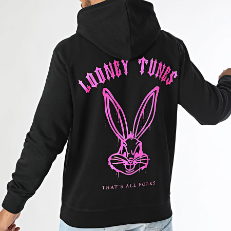 Looney Tunes - Sudadera con capucha Bugs Bunny Worldwide Backspray Negro Rosa Fluo