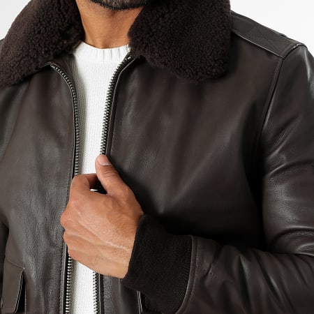 Schott NYC - Chaqueta de cuero auténtico con cuello de piel A-2 Marrón