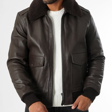 Schott NYC - Chaqueta de cuero auténtico con cuello de piel A-2 Marrón