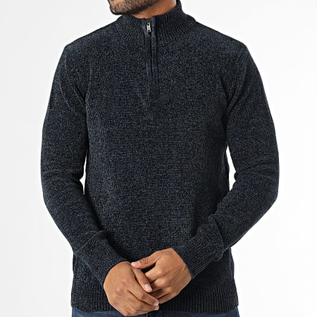 KZR - Pull Col Montant Zippé Bleu Marine Chiné