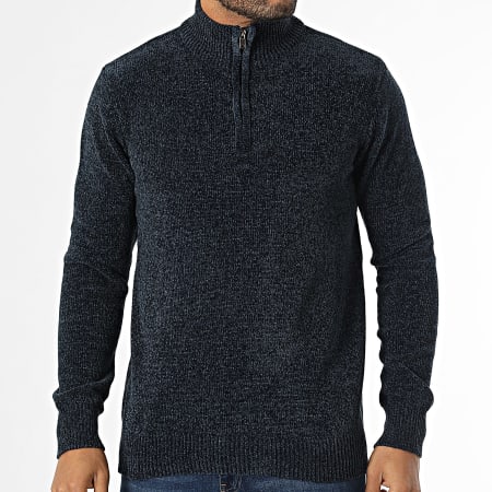 KZR - Pull Col Montant Zippé Bleu Marine Chiné