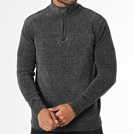 KZR - Pull Col Montant Zippé Gris Anthracite Chiné