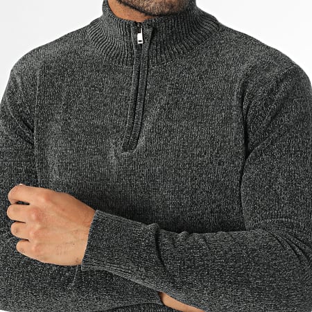 KZR - Pull Col Montant Zippé Gris Anthracite Chiné