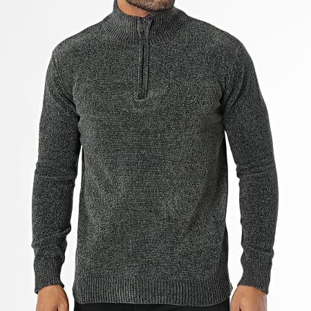 KZR - Pull Col Montant Zippé Gris Anthracite Chiné