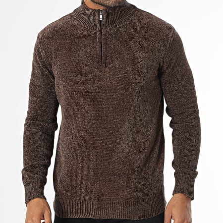 KZR - Pull Col Montant Zippé Marron Chiné