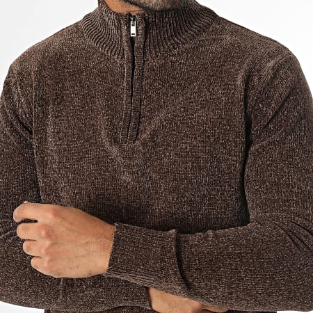 KZR - Pull Col Montant Zippé Marron Chiné
