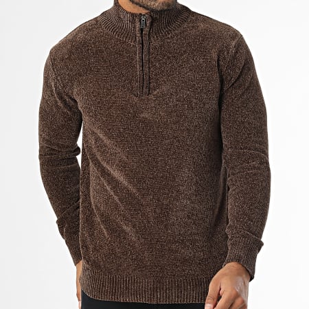 KZR - Pull Col Montant Zippé Marron Chiné