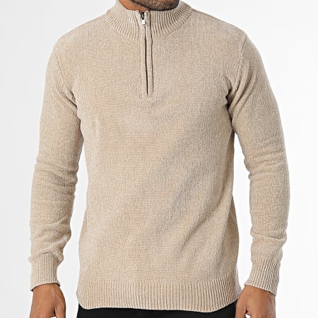 KZR - Pull Col Montant Zippé Beige Chiné