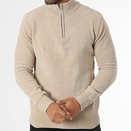 KZR - Pull Col Montant Zippé Beige Chiné
