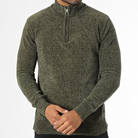 KZR - Pull Col Montant Zippé Vert Kaki Chiné