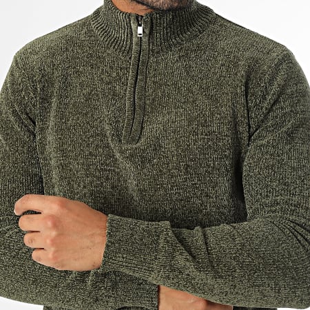KZR - Pull Col Montant Zippé Vert Kaki Chiné