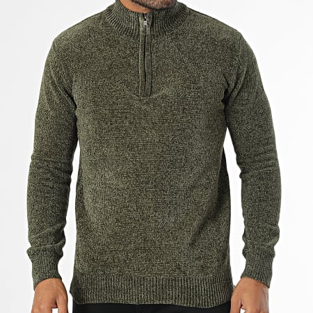 KZR - Pull Col Montant Zippé Vert Kaki Chiné