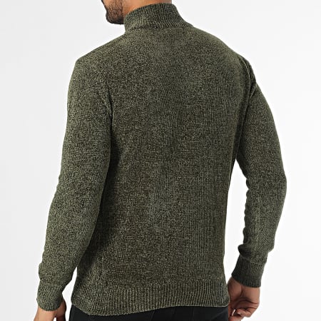 KZR - Pull Col Montant Zippé Vert Kaki Chiné