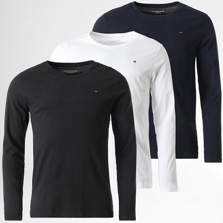 Tommy Hilfiger - Lot De 3 Tee Shirts Manches Longues Signature 3378 Bleu Marine Noir Blanc