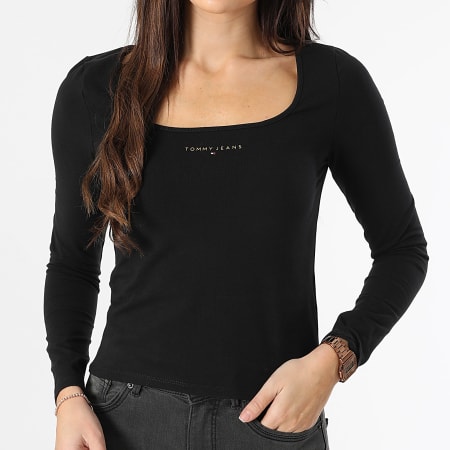 Tommy Jeans - Tee Shirt Manches Longues Slim Femme Metallic Linear 8791 Noir