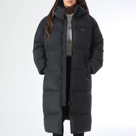 Lacoste - Doudoune Longue Femme Big Logo Crocodile Noir