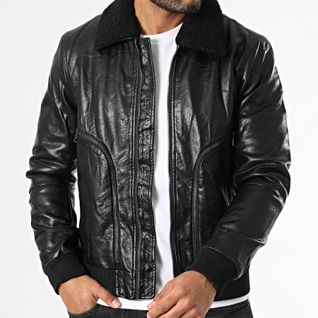 Classic Series - Chaqueta con cuello de piel de oveja imitación cuero negro