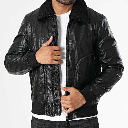 Classic Series - Chaqueta con cuello de piel de oveja imitación cuero negro